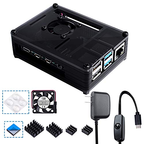 Smraza Compatible with Raspberry Pi 4 Case, Acrylic Case with Cooling Fan, 4PCS Heatsinks, 5V 3A USB-C Power Supply for Raspberry Pi 4 Model B (RPI 4 Board Not Included) - Black
