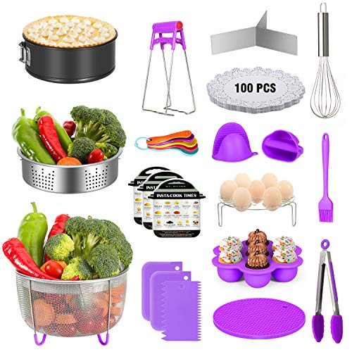 124 PCS Pressure Cooker Accessories Set for Instant Pot,Compatible with 5,6,8 Qt Instant Pot-100 PCS Parchment Papers,5 Measuring Spoons,3 Magnetic Cheat Sheets,2 Steamer Baskets,Oven Mitts and More