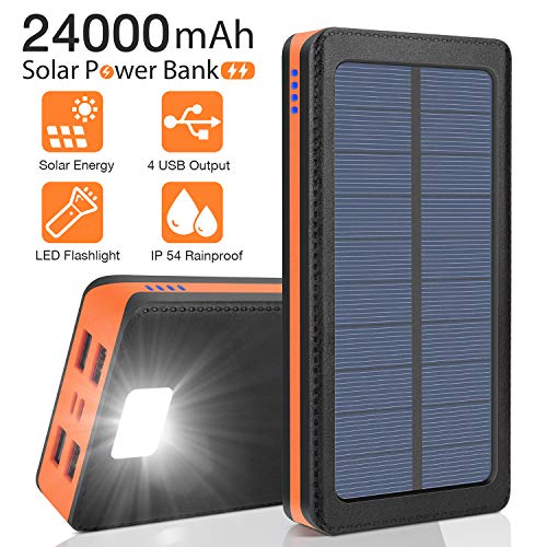 Book Cover Solar Charger 24000mAh Portable Solar Power Bank External Backup Battery, 4 Outputs-5V/2.1A &2 Inputs Huge Capacity Phone Charger, IPX5 Rainproof Bright LED Flashlights for Camping, Travel, Emergency
