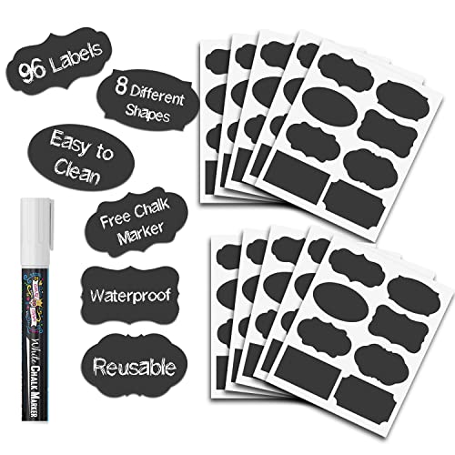 Book Cover Premium Chalkboard Labels, Chalkboard Mason Jar Labels - Removable Blackboard Sticker Label for Jars, Chalkboard Stickers, Reusable Labels with Erasable White Chalk Marker Included (96 Pack, Black)