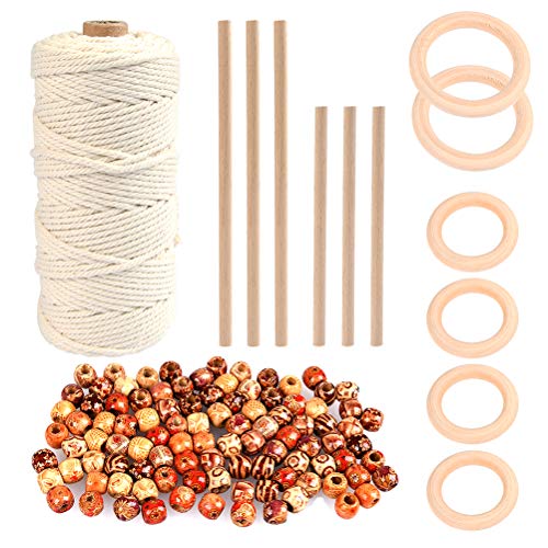 Book Cover WOWOSS 109 Yards Natural Macrame Cord 3mm with 6pcs Wood Ring, 6pcs Wooden Stick and 100pcs Painted Wooden Beads for DIY Plant Hangers, Crafts, Knitting