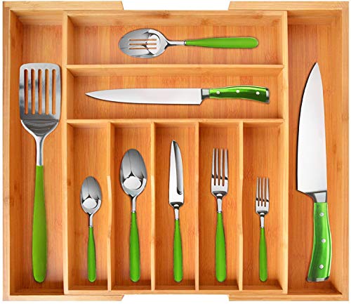 Book Cover Bamboo Kitchen Drawer Organizer - Expandable Silverware Organizer/Utensil Holder and Cutlery Tray with Grooved Drawer Dividers for Flatware and Kitchen Utensils (9 Slots, Natural)