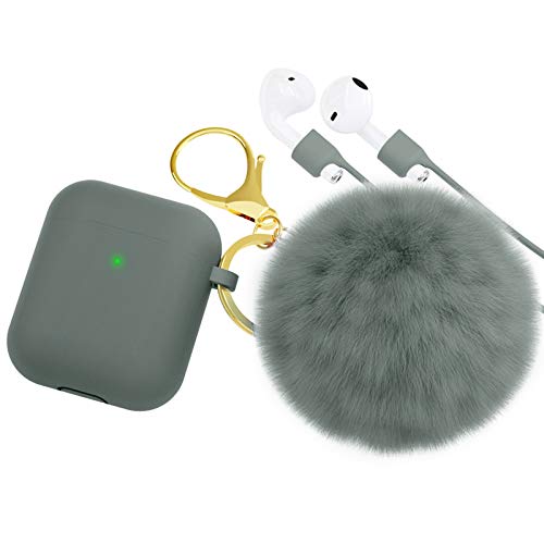 Book Cover BRG for AirPods Case Cover,Soft Silicone Cute Case for Apple Airpods 2 & 1 with Pom Pom Fur Ball Keychain/Strap/Earbuds Accessories (Front LED Visible)