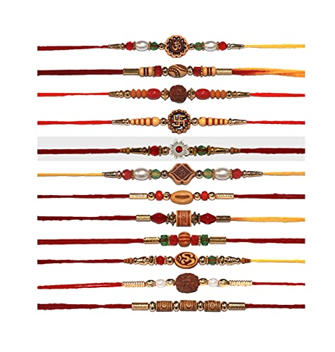 IS4A Set of 12 Rakhi for Brothers Asscorted Design Rakhi with Beads Design Rakhi, Rakhi Bracelet Multi Design Beads and Assorted Color (Set Of 12 OM Design)