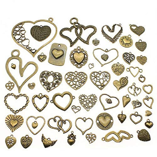 Chengxun 55 Pcs Wholesale Bulk Mixed Antique Bronze Love Heart Necklace Pendants Assorted Bracelets Charms for DIY Jewelry Making