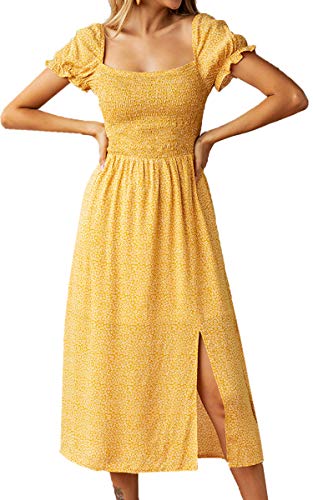 Angashion Women Dresses-Summer Polka Dot Boho Ruffle Elastic Square Neck Midi Dress with Slit