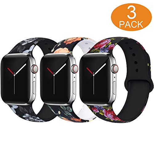 Book Cover OriBear Compatible with Apple Watch Band 40mm 38mm Elegant Floral Bands for Women Soft Silicone Solid Pattern Printed Replacement Strap Band for Iwatch Series 4/3/2/1 M/L, 3 Pack
