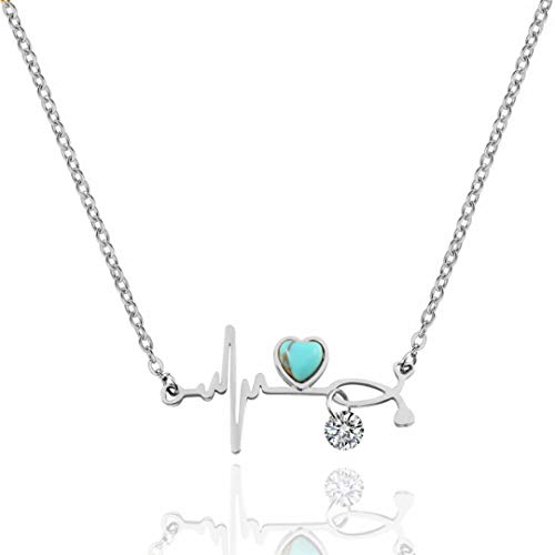 Heartbeat Necklace Stainless Steel EKG Necklace, Turquoise Heart Pendant Cardiogram Medical Jewelry Gifts for Women