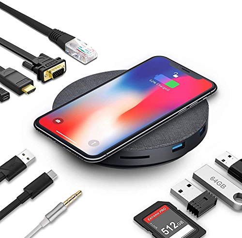 Book Cover 2021 Version USB C Hub with Wireless Charger,11 in 1 USB C Adapter with Ethernet,4K USB C to HDMI,VGA,3 USB3.0 PD,SD TF Card Reader,Audio/Mic,for MacBook Pro,Ipad Pro and Other Type C Laptops
