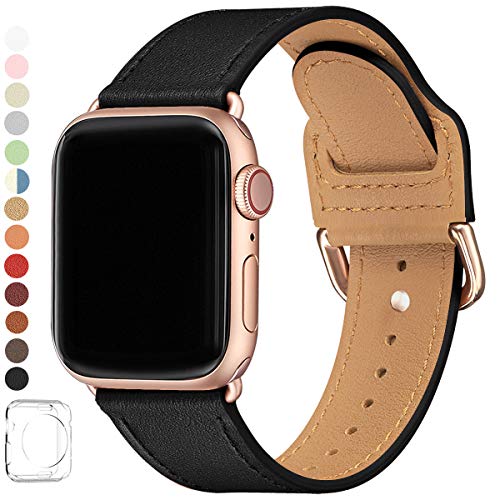 LOVLEOP Bands Compatible with Apple Watch Band 38mm 40mm 44mm 42mm, Top Grain Leather Watch Strap for iWatch Series 5 Series 4 Series 3 Series 2 Series 1 (Black+Rose Gold Connector, 42mm 44mm)