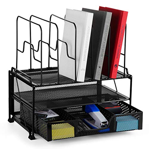 Auledio 2-Tier Mesh Desktop Organizer File Folder with Sliding Drawer and 5 Removable Upright Sections, Document Letter Tray Holder Desk Organization for Office Home School Supplies