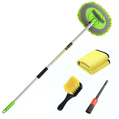 GreatCool 4Pcs Car Wash Brush Kit,Car Wash Mop Mitt with 44.5" Aluminum Long Handle,Car Wash Brush for Wheel Pedal and Floor Mat,Detailing Brush,Car Detailing Towel for Washing Automotive Truck RV