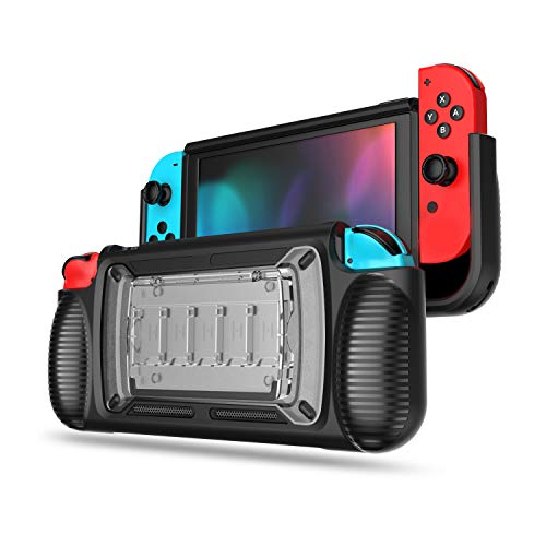LEYUSMART Protective Case for Nintendo Switch, (Easy to Install/Full Protection/Sturdy) Gift idea Glass Screen Protector and Thumb Caps Black White