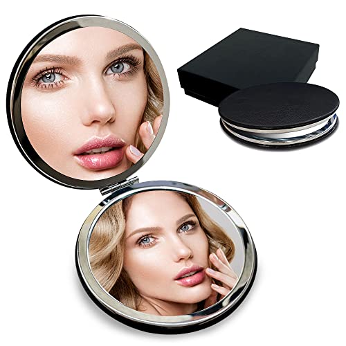 (Black) - Compact Travel Makeup Magnifying Mirror - BelleJiu Small portable folding Mirror with Handheld and Easy to carry BLACK