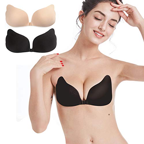 Strapless Sticky Bra 2 Pack Backless Adhesive Bra Invisible Push up Bra for Low Cut Deep-V Wedding Prom Dress (B,BlackNude)