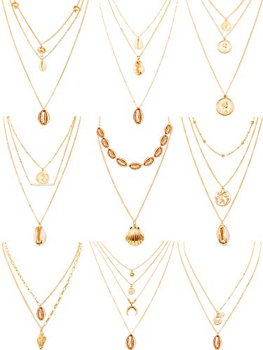 Book Cover BBTO 9 Pieces Gold Layering Chain Choker Necklace Layered Pendant Statement Necklace for Women Girls (Style C)