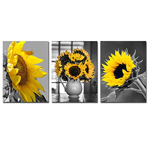 BLUE RED CYAN Sunflower Wall Decor Canvas Art - Yellow Flowers Wall Pictures for Living Room 3 Panels Wall Art Posters and Prints Home Office Decoration Floral Bedroom Kitchen Decor 12x16x3 unframed
