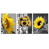 BLUE RED CYAN Sunflower Wall Decor Canvas Art - Yellow Flowers Wall Pictures for Living Room 3 Panels Wall Art Posters and Prints Home Office Decoration Floral Bedroom Kitchen Decor 12x16x3 unframed