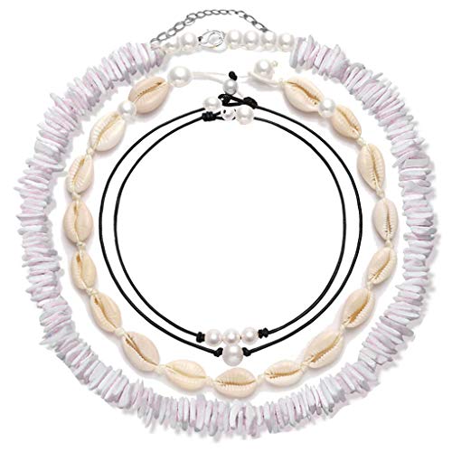 4 Pcs Shell Choker Necklace  Chips 14 16 18 Inch Seashell Short Hawaiian  Summer Beach Bohemia Jewelry Set Cowrie Beads Cord Pearls Pendants for Women Girls Adjustable Necklaces