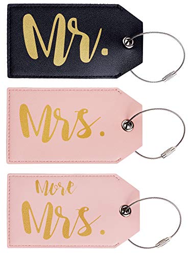 Casmonal Mr Mrs Leather Luggage Tags Travel Tags Cute Couples Honeymoon Wedding Bridal Gift 3 pcs Set (Version 1)