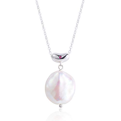 Lancharmed 925 Sterling Silver Natural Baroque Freshwater Cultured Pearl Single Pearl Necklace Pendant with Red Cubic Zirconia Trendy Jewelry for Girls Women