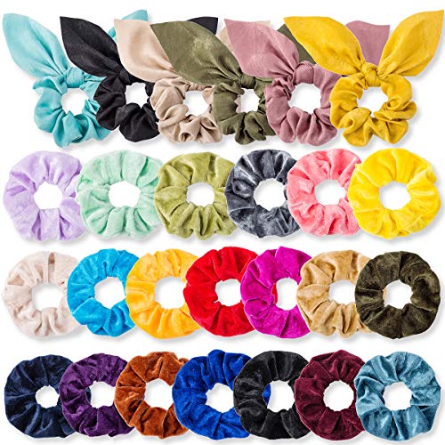 Hair Scrunchies, 20 Pcs Velvet Elastic Hair Bands Scrunchy, 6 Pcs Bunny Ear Style Silk Scarf Scrunchies Ponytail Holder Scrunchy Hair Ties for Women & Girls, 26 Colors