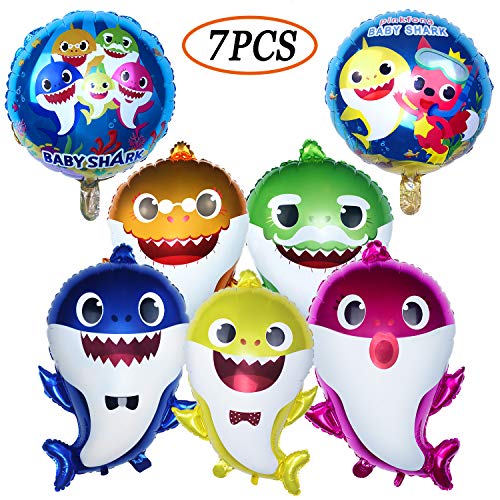 AWESMR Baby Shark Party Supplies, 2pcs Baby Shark Duplex Prints Foil Balloons, 5pcs Baby Shark Family Balloons, Baby Shark Birthday Party Decorations