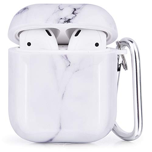 Airpods Case - CAGOS 3 in 1 Cute Marble Airpods Accessories Protective Hard Case Cover Portable & Shockproof Women Girls Men with Keychain/Strap/Earhooks for Airpods 2/1 Charging Case - White