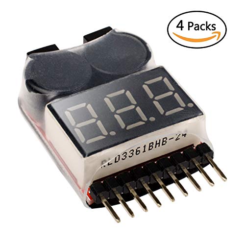 FCONEGY 4PCS 2in1 1-8s Lipo Battery Voltage Tester, RC Low Voltage Buzzer Alarm, Battery Monitor Checker Tester for 1-8s Lipo/Li-ion/LiMn/Li-Fe,Battery Tester