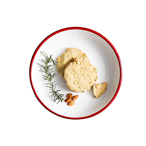YumCute HomeÂ Enamel Plate, 9.5" Enamelware Dinner Plate Serving Platter Tray, Retro White Round Shallow Bowls with Red Rim for Pasta, Salad - Durable and Reusable( Red Rim)