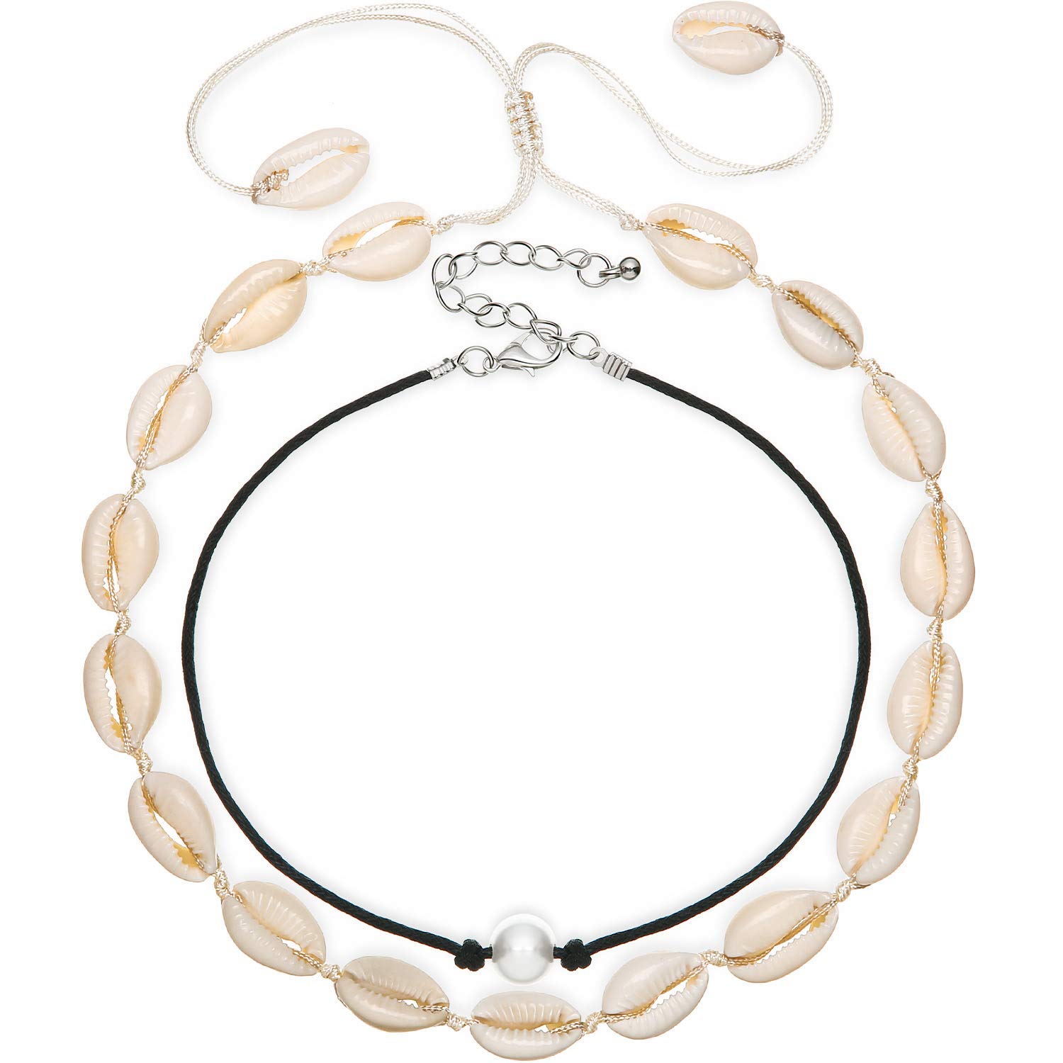 Shell Choker Necklace Pearls Choker Necklace Handmade Hawaiian Necklace Beach Shell Beads Adjustable Rope Cord Summer Jewelry Set for Women