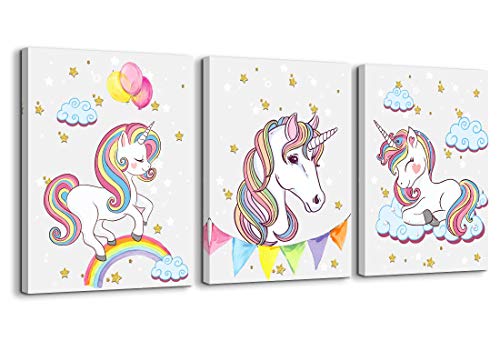 Unicorn Wall Decor for Girls Bedroom Canvas Wall Art of White Unicorn Pink Balloon Rainbow Cute Picture Artwork Modern Framed Canvas Prints Painting for Kids Nursery Wall Decorations 3 Pieces a Set