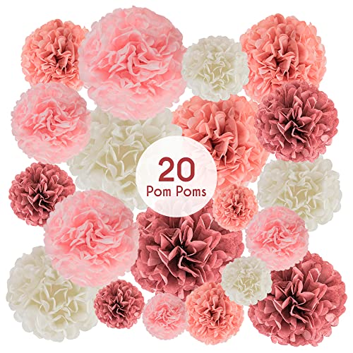 EpiqueOne 20-Piece Paper Pom Poms Party Kit â€“ Tissue Pom Pom Decorations; Birthday Party Decorations - Bridal Shower - Bachelorette - Easy to Assemble and Install; Blush Pink, Dusty Rose, Mauve, Cream