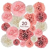 EpiqueOne 20 Piece Tissue Paper Pom Poms | Blush Pink, Dusty Rose, Mauve & Cream | Colorful Paper Flower Wall Decorations for Bridal Showers, Baby Showers, Weddings, Graduations, Tea Parties & More