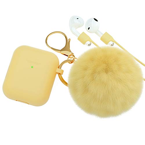 BRG for AirPods Case,Soft Cute Silicone Cover for Apple Airpods 2 & 1 Cases with Pom Pom Fur Ball Keychain/Strap/Accessories for Women Girls (Front LED Visible) Yellow