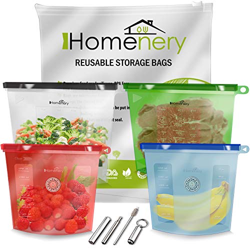 Book Cover Silicone Bags Reusable Storage by HOMENERY - Reusable Silicone Food Bag with Day Dial Reminder (Set 5) | Dishwasher Safe | 100% Leakproof | Microwave & Sous Vide Cooking | Reusable Freezer Bags