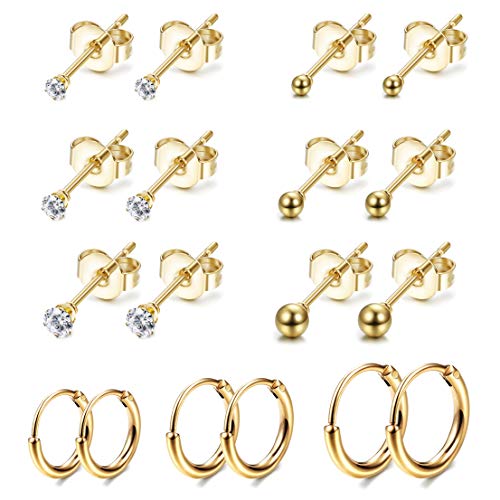Jstyle 9Pairs Stainless Steel Tiny Cartilage Earrings Studs for Women CZ Balls Tragus Helix Endless Hoop Piercing Earring Set