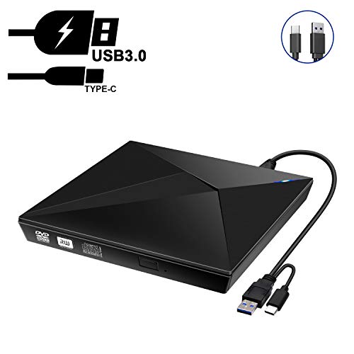 Srotek External Optical Drive DVD Drive Slim Portable CD Drive with Type C USB 3.0 High-Speed Data Transfer Writer Rewriter CD DVD Burner for Windows XP/Win 10 / Vista/Win 7 / Linux