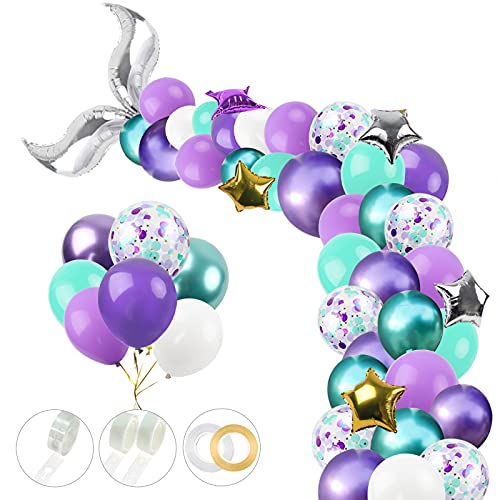 RUBFAC 113pcs Mermaid Balloon Garland Kit, Silver Tail Mermaid Balloons Arch for Mermaid Birthday Party Decorations