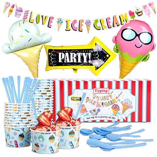 Book Cover Typtop Ice Cream Party Decorations Kit - Birthday Party Supplies for 30 - Disposable Ice Cream Bowls, Eco Spoons, Jumbo Ice Cream Balloons, and Party Banner