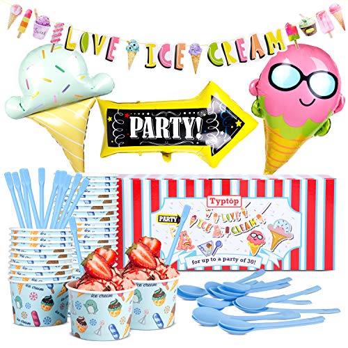 Typtop Ice Cream Party Decorations Kit - Birthday Party Supplies for 30 - Disposable Ice Cream Bowls, Eco Spoons, Jumbo Ice Cream Balloons, and Party Banner