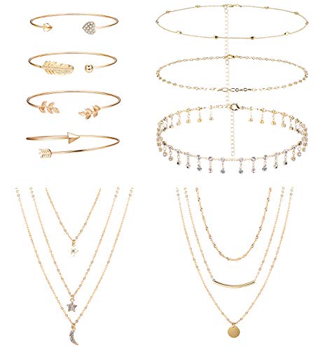 ORAZIO 9 Pcs Gold&Silver Tone Layered Choker Necklace and 5 Pcs Multiple Layered Stackable Open Cuff Bracelet Chain Adjustable Jewelry Set for Women