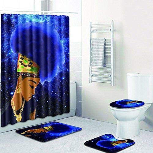 Book Cover Hartop 4 Pack Set Creative Colorful Printing Toilet Pad Cover Bath Mat Shower Curtain Set for Bathroom Decor, 1 Shower Curtain, 3 Toilet Mat (African Woman Galaxy)