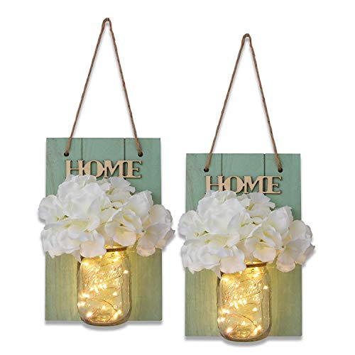 Book Cover HABOM Mason Jar Sconce Home Wall Decor, Rustic Hanging Jar Sconce with LED Fairy Lights and Silk Hydrangea Flowers Farmhouse Wall Decoration (Set of 2)