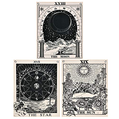 Book Cover Likiyol Pack of 3 Tarot Tapestries with Rustproof Grommets, Seamless Nails, The Sun Moon Star Tarot Card Tapestries Vertical Tapestry Wall Hanging (16 x 20 inches/Piece)