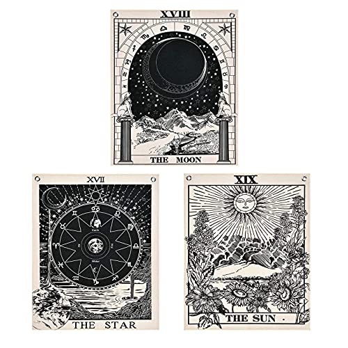 Likiyol Pack of 3 Tarot Tapestries with Rustproof Grommets, Seamless Nails, The Sun Moon Star Tarot Card Tapestries Vertical Tapestry Wall Hanging (16 x 20 inches/Piece)
