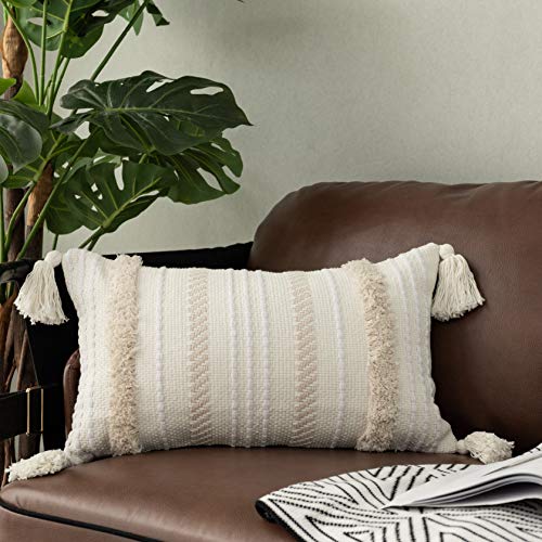 Book Cover OJIA Lumbar Decorative Boho Throw Pillow Cover, 12 x 20 Farmhouse Cute Pillowcase Minimalist Neutral Collection Cream White Tufted with Tassels Woven Cushion Cover for Sofa Couch Bedroom Living Room