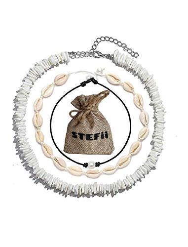 STEFii 3Pack Puka Shell Necklace Choker 3Pcs Set - Womens Seashell Necklace, Pearl Choker, Mens Hawaiian Puca Chip White Necklace - Handmade Sea Shells Beads Women Men Necklaces Surfer Chips Beach Jewelry