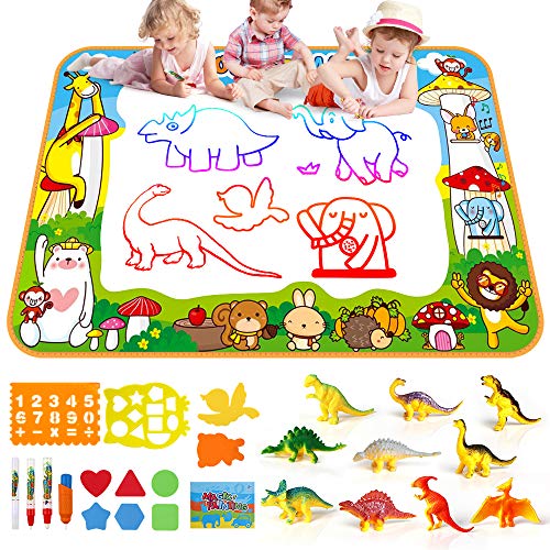 SmilePowo Aqua Magic Water Drawing Mat Set +10 Dinosaur Toy Set, (26 Pcs) ,Coloring Mat for Floor, Children Christmas Gift Kids Toddler Educational Toy Mat, Painting Writing Pad Doodle Board