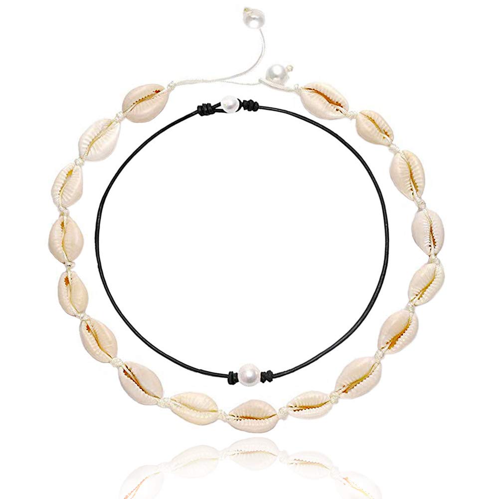 Pearl Shell Choker Necklace for Women, Pearl Necklace Black String Cowrie Puka Seashell Pearls Necklace Choker Hawaiian Beach Adjustable Handmade Necklaces Set